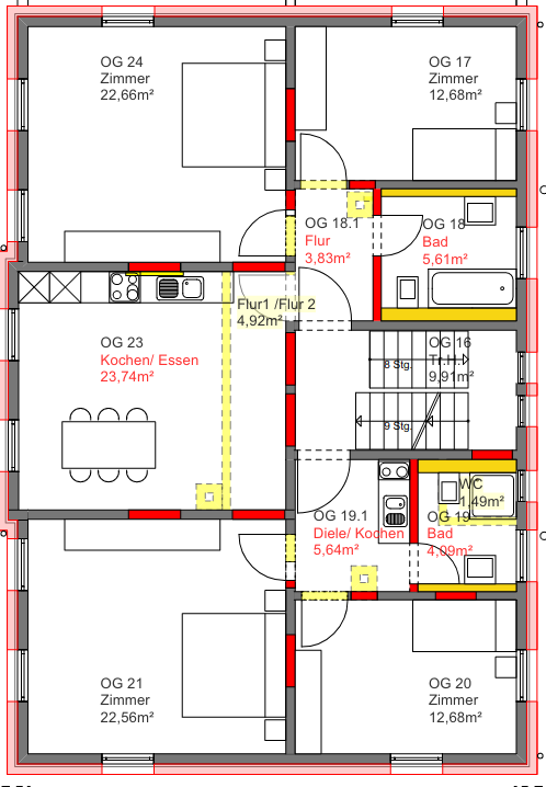 Ein Plan unserer Architekt:innen, wie die Wohnungszuschnitte in der K39 zukünftig aussehen könnten
